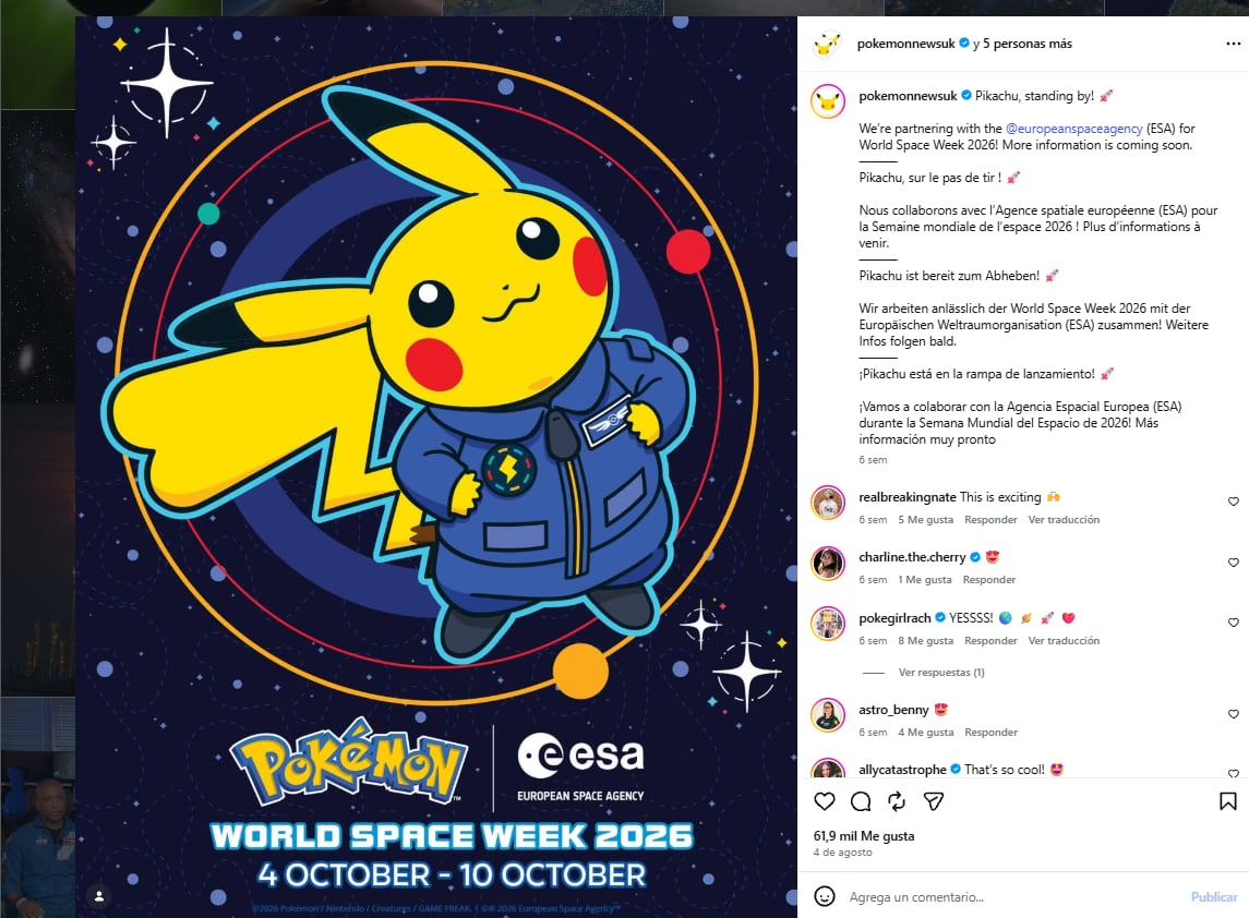 La ESA y The Pokémon Company International presentaron el viaje de Pikachu como el eje de una colaboración oficial anunciada por la Semana Mundial del Espacio 2026 (Instagram/@europeanspaceagency)
