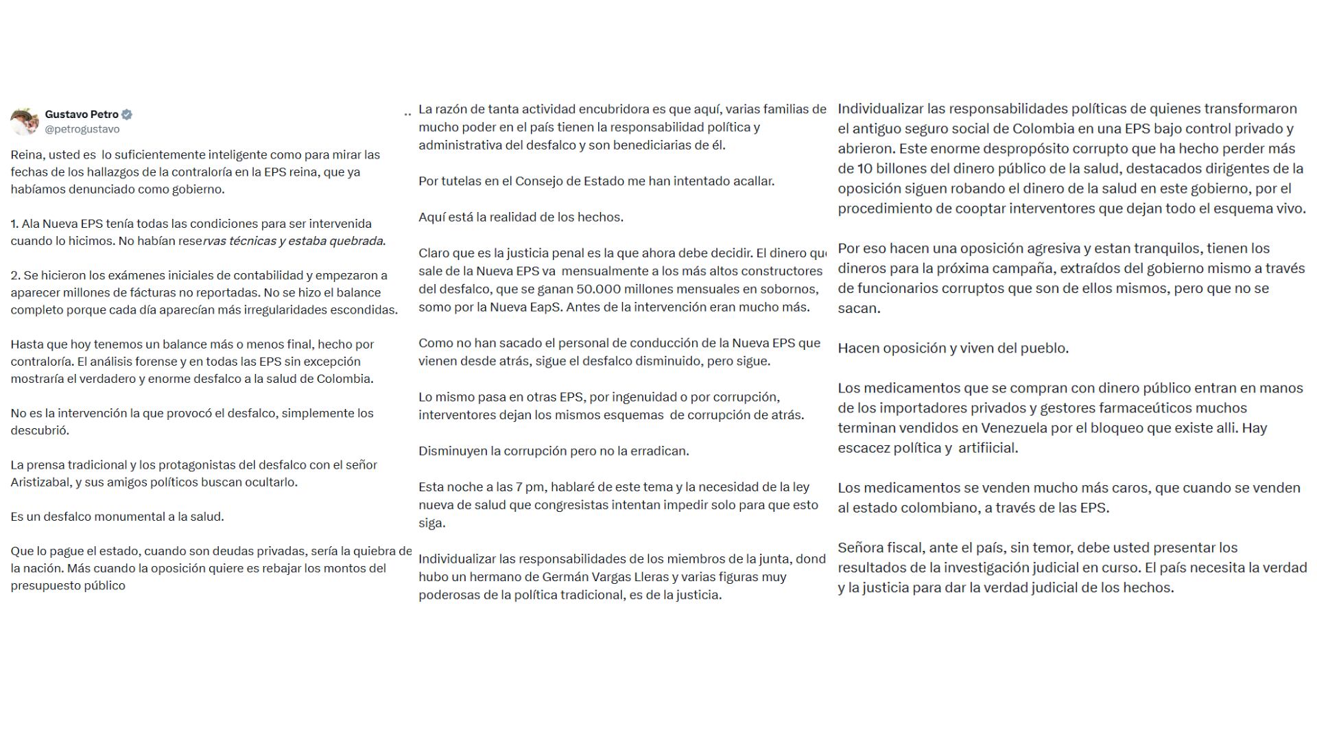 Petro afirmó que poderosos clanes políticos usaron el sistema de salud para enriquecerse ilegalmente - crédito @petrogustavo/X