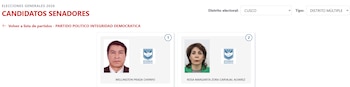 Página web muestra candidatos a senadores por Cusco para Elecciones 2026. Incluye fotos de Wellington Prada Chipayo y Rosa Margarita Zora Carvajal Alvarez