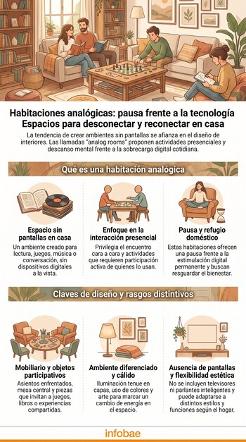 Infografía que muestra personas en una sala de estar, sin pantallas, leyendo, jugando ajedrez y dibujando, con texto explicativo sobre habitaciones analógicas.
