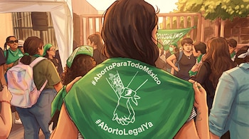 Ilustración de una protesta femenina con mujeres portando pañuelos verdes con los lemas "#AbortoParaTodoMéxico" y "#AbortoLegalYa".