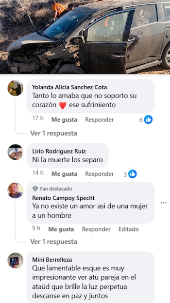 Vista lateral de un vehículo negro severamente chocado, con el parabrisas roto y el frente abollado, al lado de una carretera desierta
