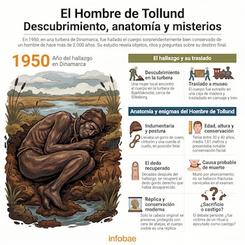 Infografía ilustra al Hombre de Tollund en una turbera, con detalles sobre su hallazgo, anatomía, objetos, causa de muerte y conservación moderna.
