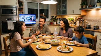 Dos adultos y dos niños comen alrededor de una mesa con varios platos de comida, una botella de agua y un televisor encendido detrás.