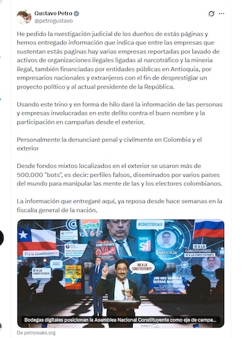 El presidente Gustavo Petro pidió que se haga una investigación a los dueños de bodegas digitales - crédito @petrogustavo/X