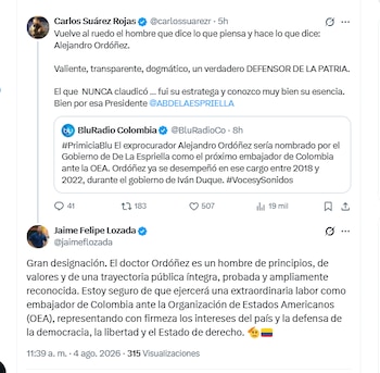 El exrepresentante Jaime Felipe Lozada rechazó el nombramiento de Alejandro Ordóñez como embajador ante la OEA - crédito @jaimeflozada/X