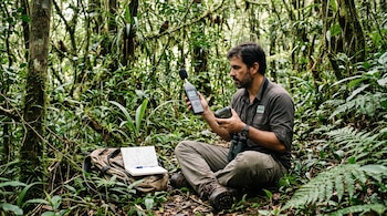 Hombre sentado en el suelo de un bosque denso con un sonómetro, un telémetro, un cuaderno abierto sobre una mochila y un ave en una rama.