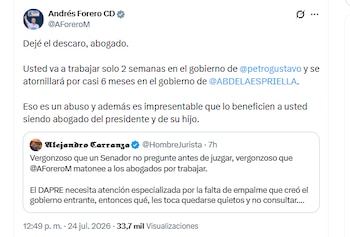 El congresista Andrés Forero aseguró que el abogado Alejandro Carranza se "atornillará por casi 6 meses en el gobierno" de Abelardo de la Espriella - crédito @AForeroM/X