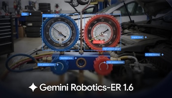 Primer plano de un manómetro doble (azul y rojo) con perillas, conectado al motor de un vehículo. Componentes del motor y neumáticos al fondo. Logo Gemini Robotics-ER 1.6
