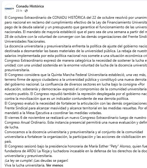 Una publicación de la federación sindical Conadu Histórica en redes sociales detalla la resolución de un paro nacional docente en las universidades públicas de Argentina. (CONADUH)