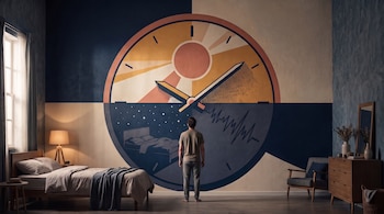 Un hombre de espaldas observa un mural de un reloj dividido entre el día y la noche en la pared de un dormitorio con cama y sillón.