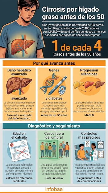 Infografía con el dibujo de un joven, un hígado, una cadena de ADN y secciones explicativas sobre la cirrosis temprana.