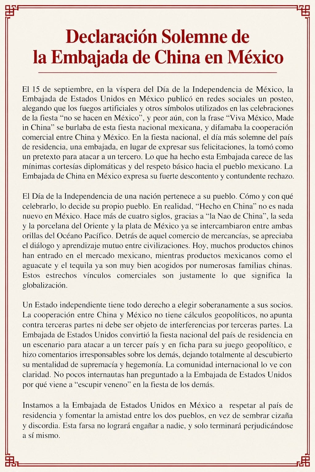 Comunicado de la Embajada de China en México. (@EmbChinaMex)