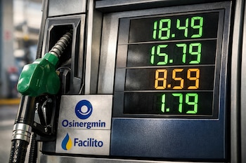 Surtidor de combustible gris con manguera verde. Pantalla digital muestra números verdes y naranjas. Logotipos de Osinergmin y Facilito visibles.