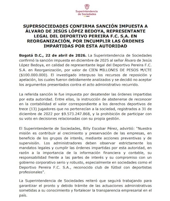 Supersociedades sancionó a directivo de Deportivo Pereira - crédito Superintendencia de Sociedades