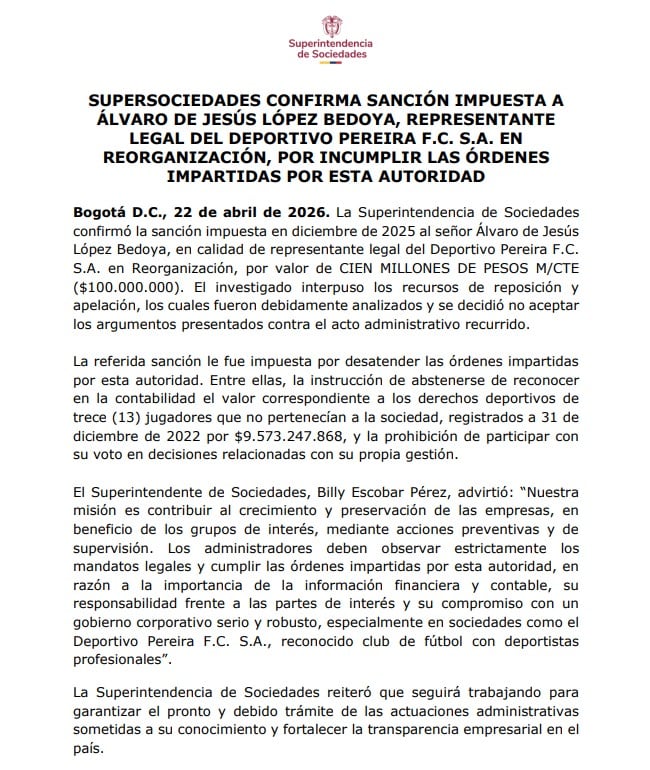 Supersociedades sancionó a directivo de Deportivo Pereira - crédito Superintendencia de Sociedades
