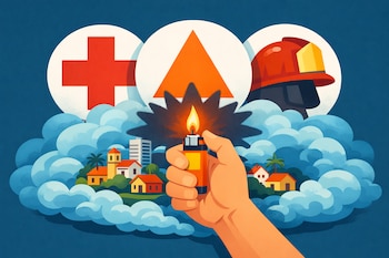 Mano con encendedor sobre ciudad con nube azul. Sombra de explosión. Iconos de Cruz Roja, Protección Civil y casco de bombero.