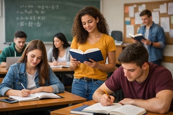 Cinco estudiantes universitarios de diversas etnias en un aula; tres sentados escribiendo en cuadernos, una mujer de pie lee un libro y un hombre al fondo lee otro.