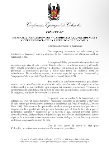 La Conferencia Episcopal de Colombia pidió a los candidatos a la Presidencia y la Vicepresidencia que se comprometan a respetar el orden institucional y los resultados de las urnas en las elecciones del 31 de mayo de 2026, al advertir que la prioridad del país es bajar la tensión pública y evitar cualquier forma de violencia entre colombianos - crédito Conferencia Episcopal de Colombia