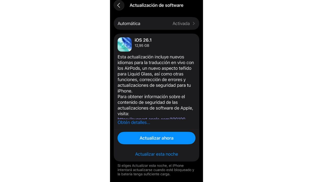 iOS 26.1 ya está disponible para diversos modelos de iPhone. (Apple)