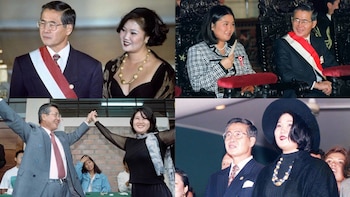 Cuatro fotografías de Alberto Fujimori y Keiko Fujimori en diferentes eventos públicos. Él viste traje y banda presidencial en dos imágenes. Ella usa distintos atuendos