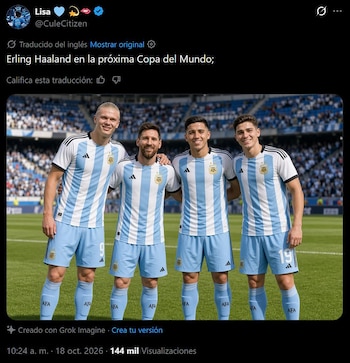 Captura de pantalla de una publicación en redes con cuatro futbolistas en un estadio luciendo el uniforme de la selección argentina