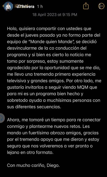 Comunicado de Diego Rivera. (Instagram/@d79rivera)