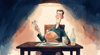 Ilustración de un hombre a la mesa con el abdomen en forma de globo, sosteniendo un tenedor junto a un vaso y una botella de gaseosa.