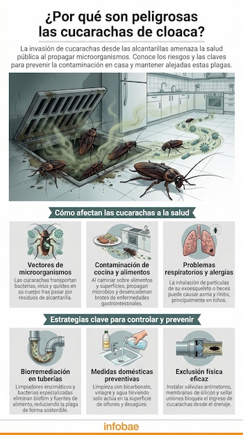 Ilustración de cucarachas saliendo de una alcantarilla abierta en una cocina, con microorganismos representados en el suelo y superficies.