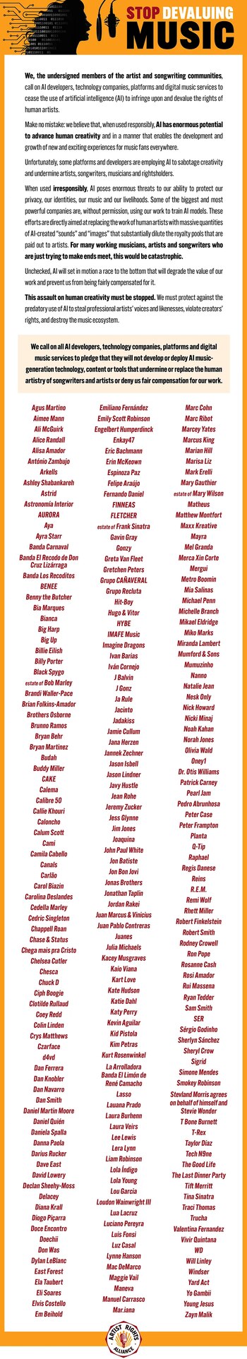 Esta es la carta contra el uso de la IA en la música, con todos los artistas firmantes - crédito @artistrightsnow