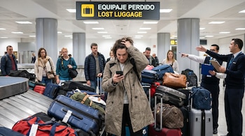 Mujer con abrigo y expresión preocupada mirando su teléfono frente a una cinta de equipaje abarrotada de maletas en un aeropuerto. Un letrero dice 'Equipaje Perdido'.