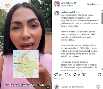 La abogada laboralista compartió el video el 12 de julio de 2026 - crédito @cindylaboral/IG