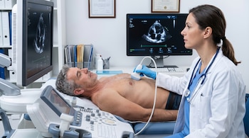 Una cardióloga realiza un ecocardiograma a un hombre sin camisa en un consultorio. La doctora usa guantes y un transductor, mientras dos monitores muestran imágenes del corazón.