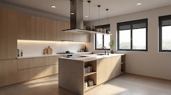 Cocina moderna y minimalista con gabinetes de madera clara, isla central con fregadero y placa de inducción, campana extractora y grandes ventanales.