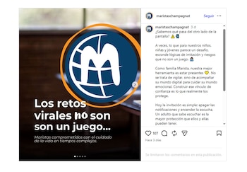 Publicación de Instagram del Colegio Champagnat con su logo y el texto 'Los retos virales no son un juego...', alertando sobre seguridad digital