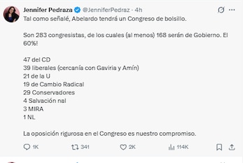 Jennifer Pedraza afirmó que su oposición será más contundente - crédito @JeniferPedraz/X