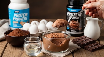 Mano sostiene cuchara con mousse de chocolate espumoso sobre un vaso. Alrededor, proteína en polvo, huevos, cacao en tazón y tabletas de chocolate sobre mesa de madera.