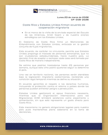 La Presidencia de la República de Costa Rica emitió un comunicado tras la firma del acuerdo.