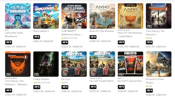 Pantallazo de tienda online con once carátulas de videojuegos, incluyendo Far Cry 5, The Division 2 y Star Wars, precios en dólares y descuentos
