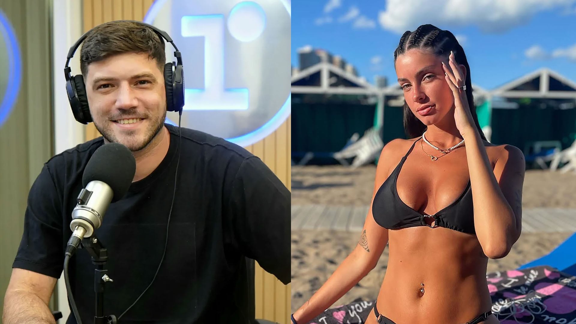 El periodista Nicolás Luaces en su estudio junto a la entrevistada de Boca, quien posa en un entorno de playa, en una imagen compuesta que captura su relevancia mediática.