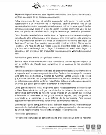 En la carta se dejó a discreción del Congreso la elección del lugar de evento de posesión, el 7 de agosto de 2026 - crédito @RafaelaCortesZ/X