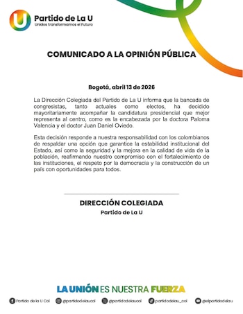Comunicado Partido de la U - crédito @partidodelaucol/X