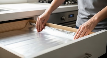 Primer plano de manos doblando papel de aluminio para forrar el interior de un cajón de madera abierto. El fondo muestra una cocina borrosa con luz natural.