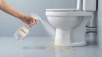 Mano rociando un líquido con vinagre de un atomizador sobre la base de un inodoro blanco en un baño con azulejos azules, con manchas amarillentas en el suelo
