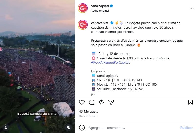 Canal Capital iniciará la emisión televisiva a la 1:45 p. m. durante los tres días de Rock Al Parque - crédito @canalcapital/Instagram
