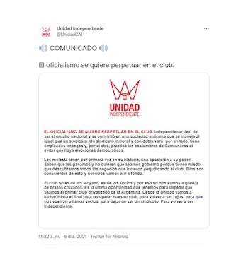 El comunicado posteado por Unidad