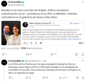 Señalan a Paola Holguín por designar a un asesor investigado por presuntos delitos sexuales - crédito @elarmadilloco/X