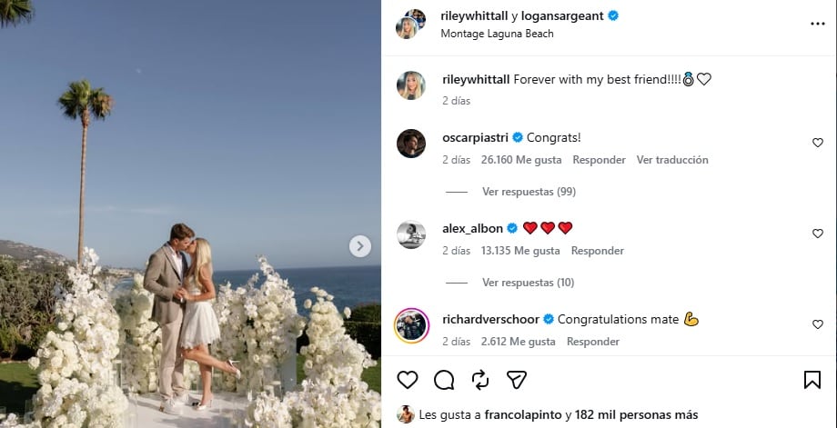 Franco Colapinto reaccionó al compromiso entre el ex F1 Logan Sargeant y su pareja