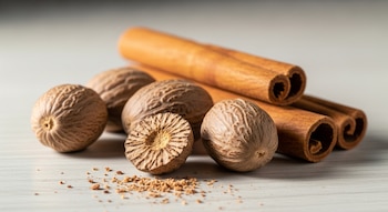 Fotografía de nueces moscadas enteras y una partida, con polvo, junto a ramas de canela sobre una superficie de madera de color claro.