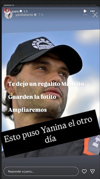 Captura de pantalla de historia de Instagram de Juariu. Un hombre con gorra negra y barba mira hacia arriba, con textos superpuestos y un banner